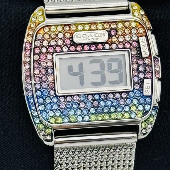 Coach Darcy Digital Watch Rainbow Crystal Mesh Stainless Steel 30 MM Womens NEW - Picture 12 of 14